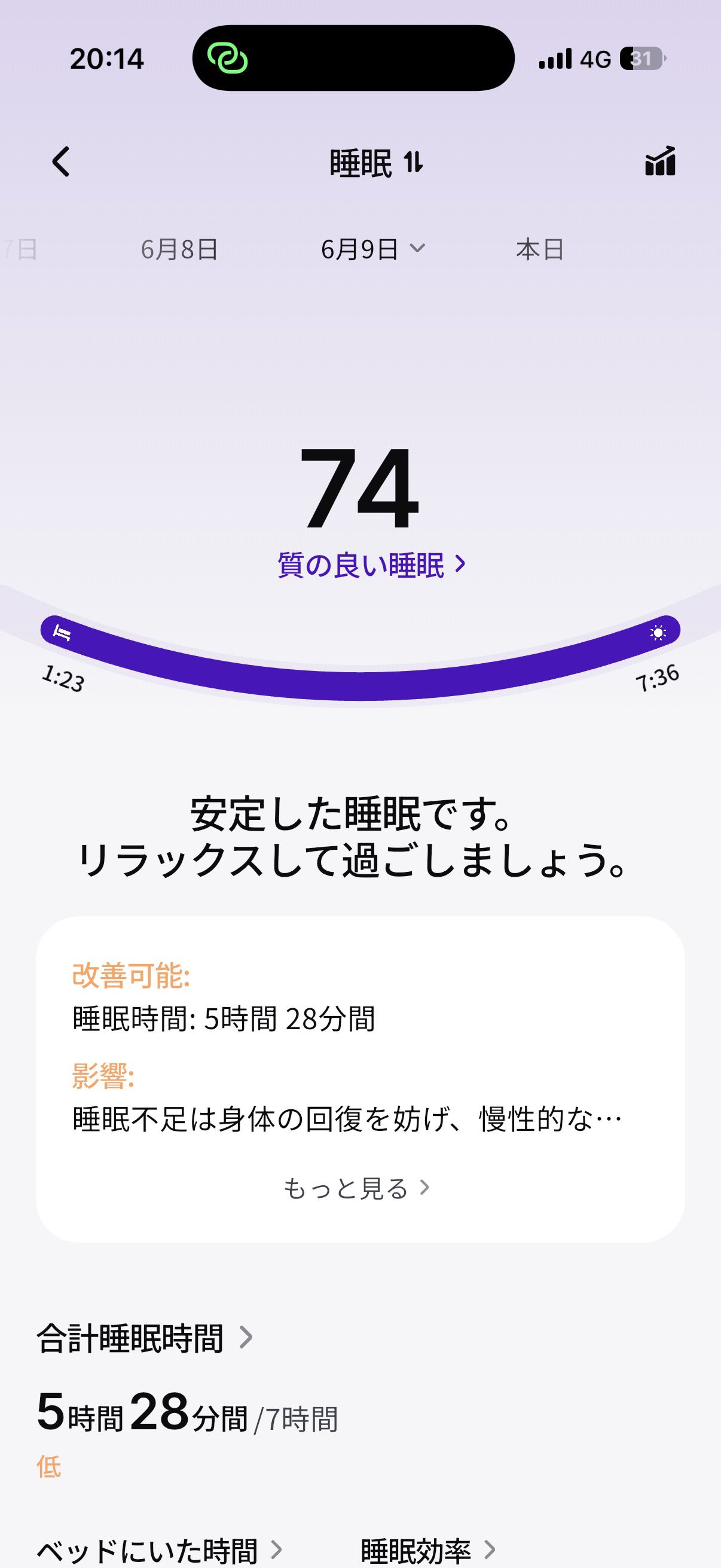 RingConnのアプリ「睡眠」画面