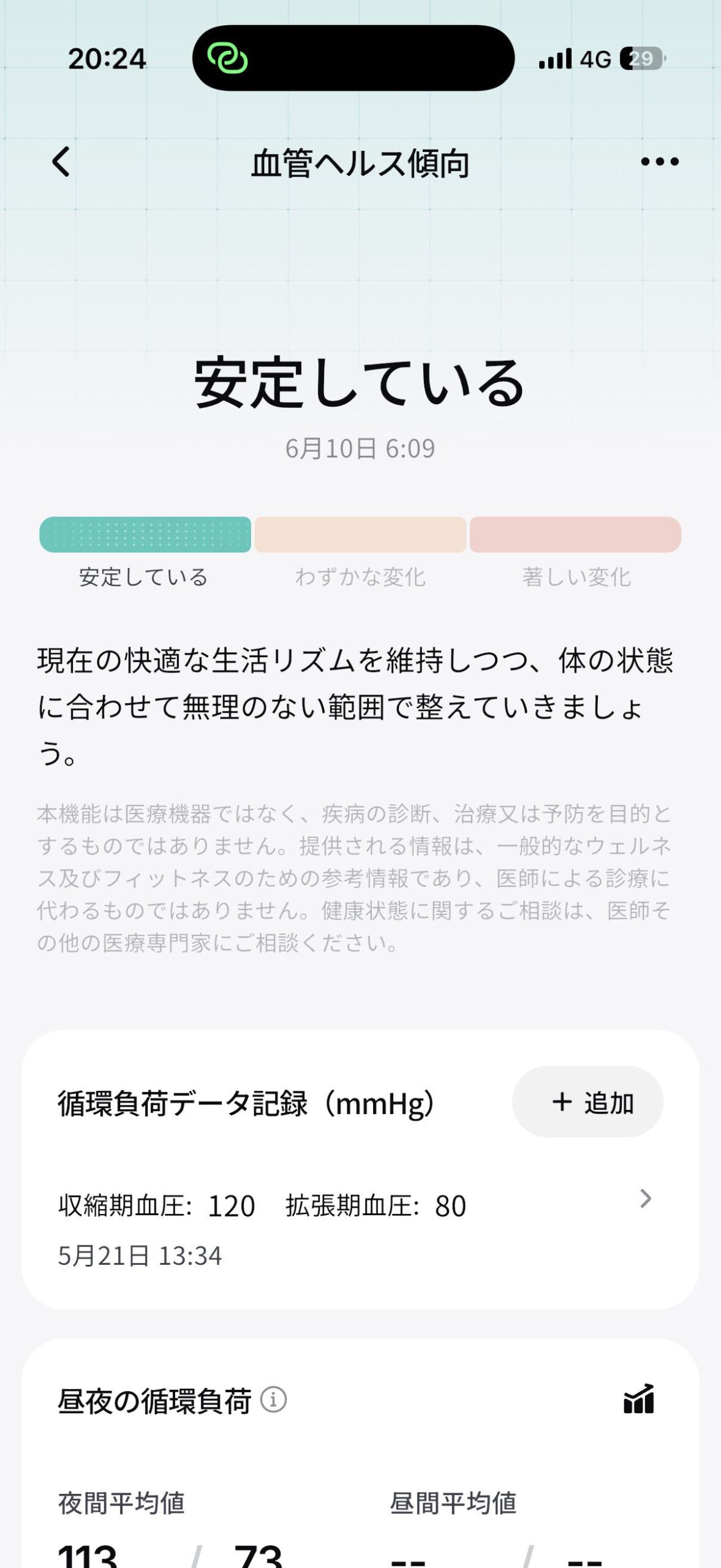 RingConnのアプリ「血管ヘルス傾向」画面